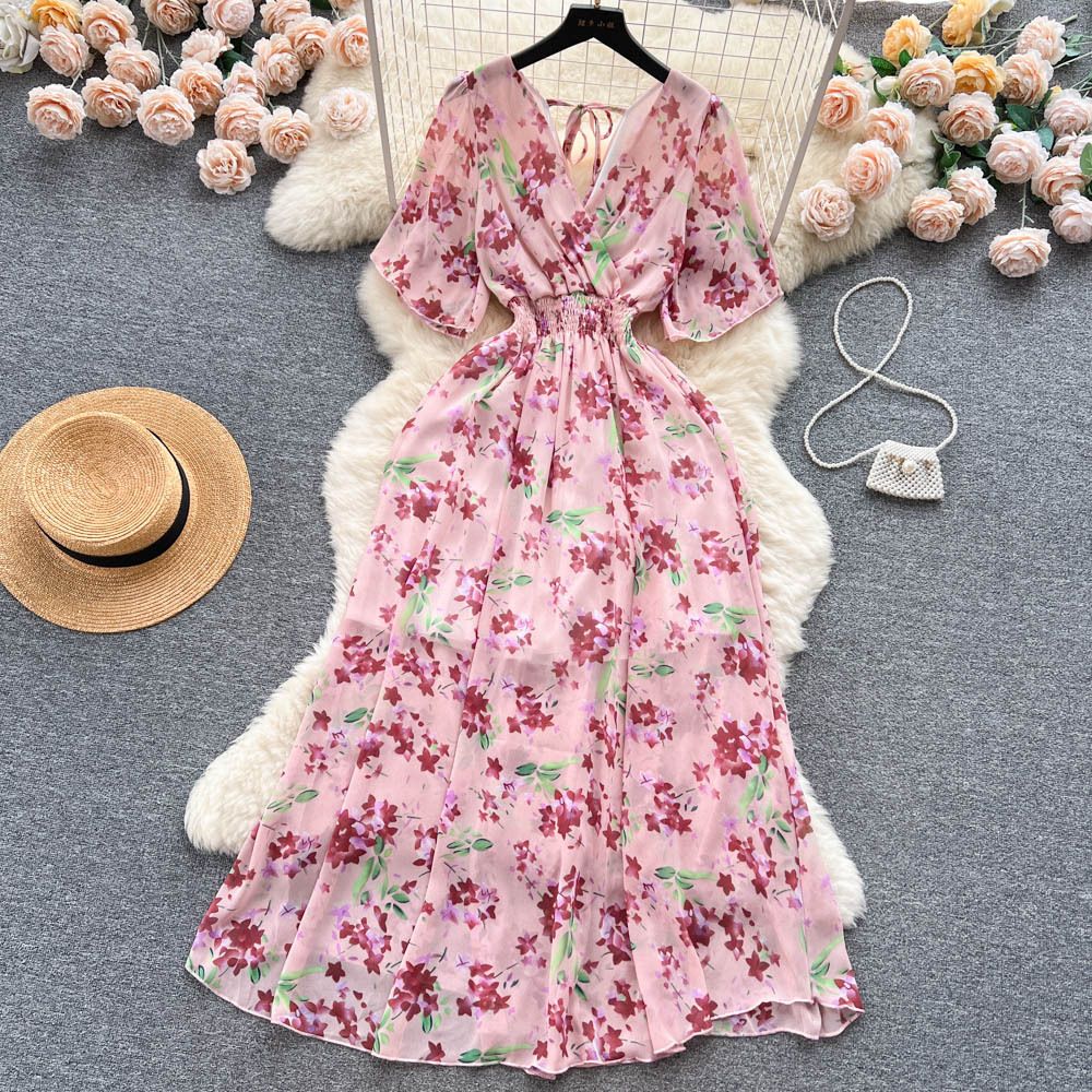 Chiffon Floral Long Dress Korean V-neck Short Sleeve A-line Party Dresses Summer Bohemian Print Beach Vestidos
