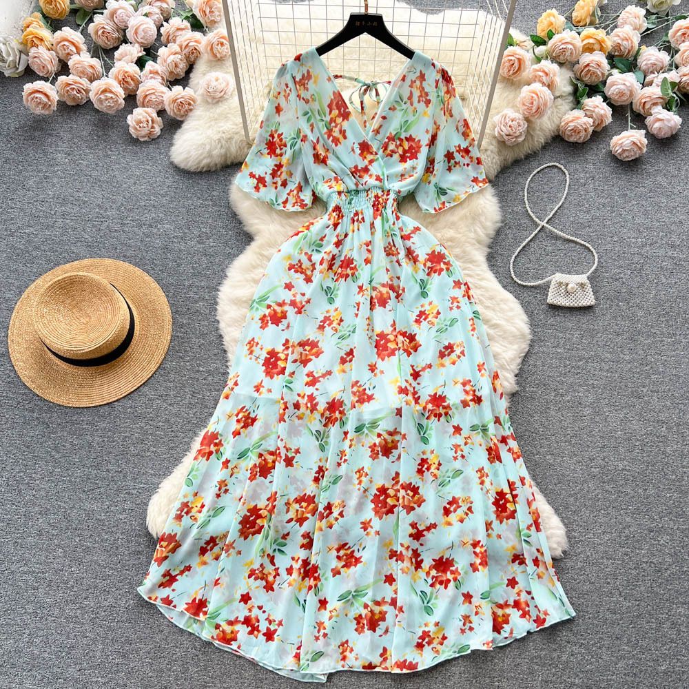 Chiffon Floral Long Dress Korean V-neck Short Sleeve A-line Party Dresses Summer Bohemian Print Beach Vestidos
