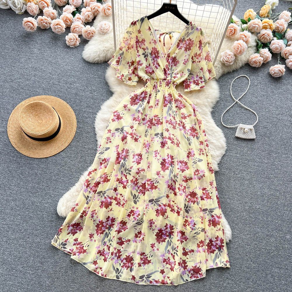 Chiffon Floral Long Dress Korean V-neck Short Sleeve A-line Party Dresses Summer Bohemian Print Beach Vestidos