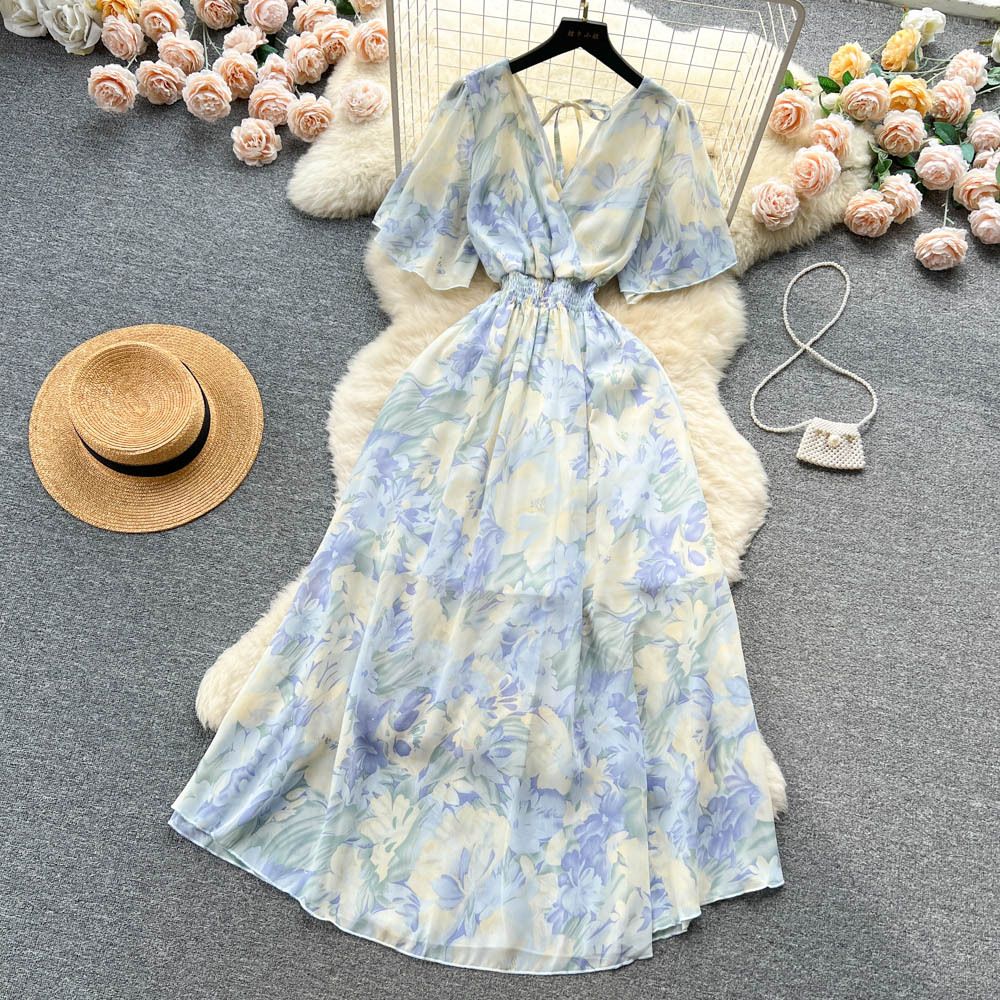 Chiffon Floral Long Dress Korean V-neck Short Sleeve A-line Party Dresses Summer Bohemian Print Beach Vestidos