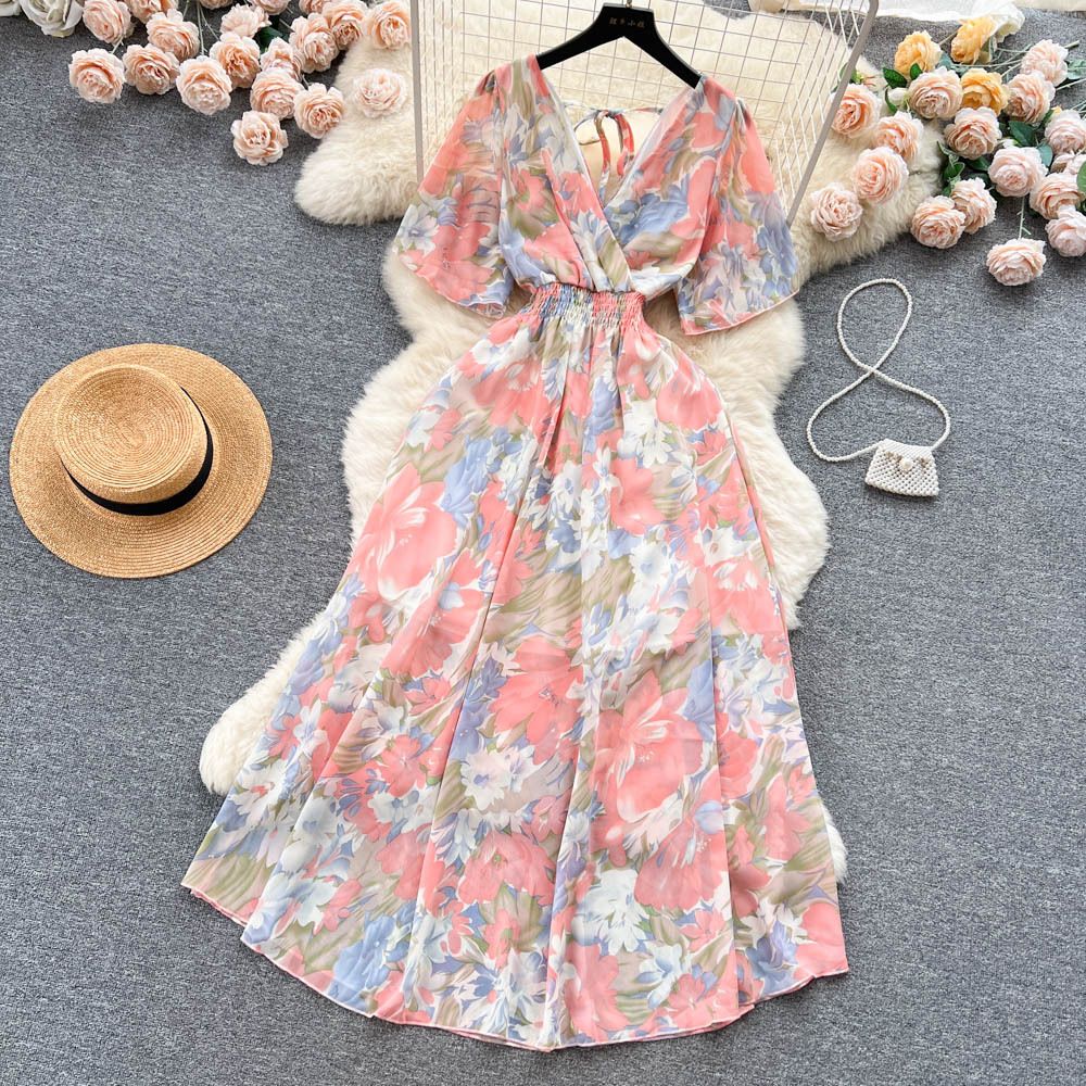 Chiffon Floral Long Dress Korean V-neck Short Sleeve A-line Party Dresses Summer Bohemian Print Beach Vestidos