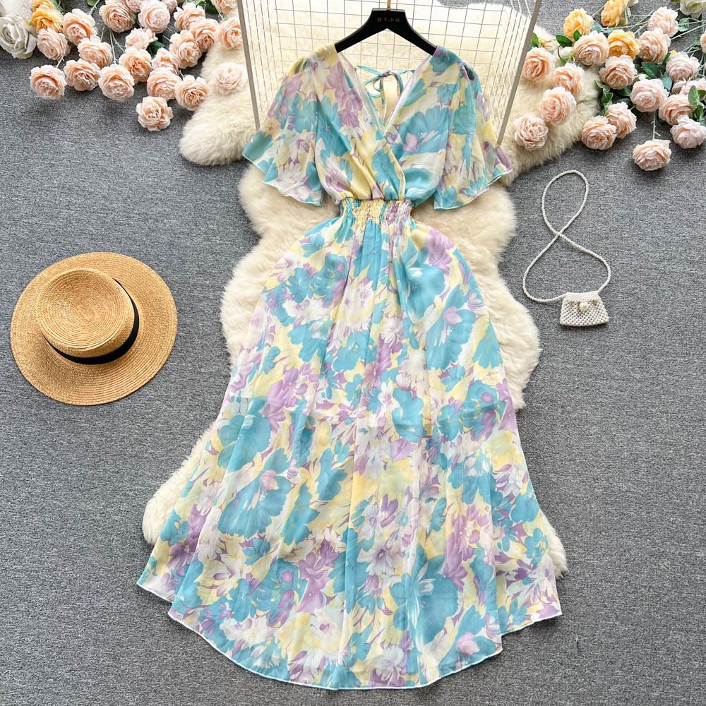 Chiffon Floral Long Dress Korean V-neck Short Sleeve A-line Party Dresses Summer Bohemian Print Beach Vestidos