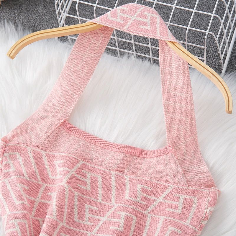 Women Dress Brand Fashion Geometric Knitting Y2K Halter Bodycon Summer Dress Sexy Wrap Hips Halter Mini Party Vestidos