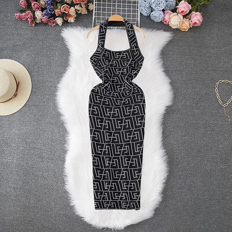 Women Dress Brand Fashion Geometric Knitting Y2K Halter Bodycon Summer Dress Sexy Wrap Hips Halter Mini Party Vestidos
