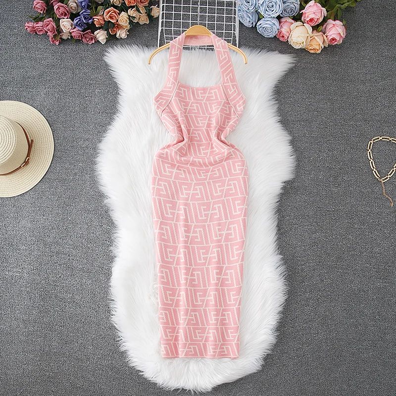 Women Dress Brand Fashion Geometric Knitting Y2K Halter Bodycon Summer Dress Sexy Wrap Hips Halter Mini Party Vestidos