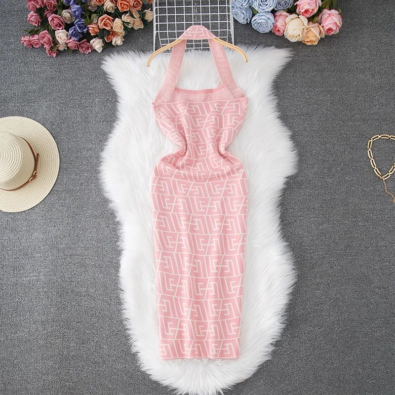 Women Dress Brand Fashion Geometric Knitting Y2K Halter Bodycon Summer Dress Sexy Wrap Hips Halter Mini Party Vestidos