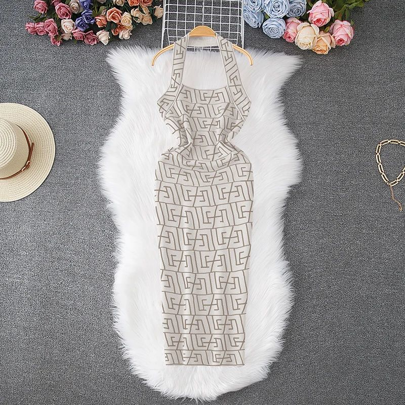 Women Dress Brand Fashion Geometric Knitting Y2K Halter Bodycon Summer Dress Sexy Wrap Hips Halter Mini Party Vestidos