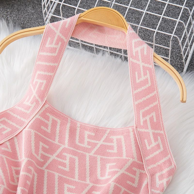 Women Dress Brand Fashion Geometric Knitting Y2K Halter Bodycon Summer Dress Sexy Wrap Hips Halter Mini Party Vestidos