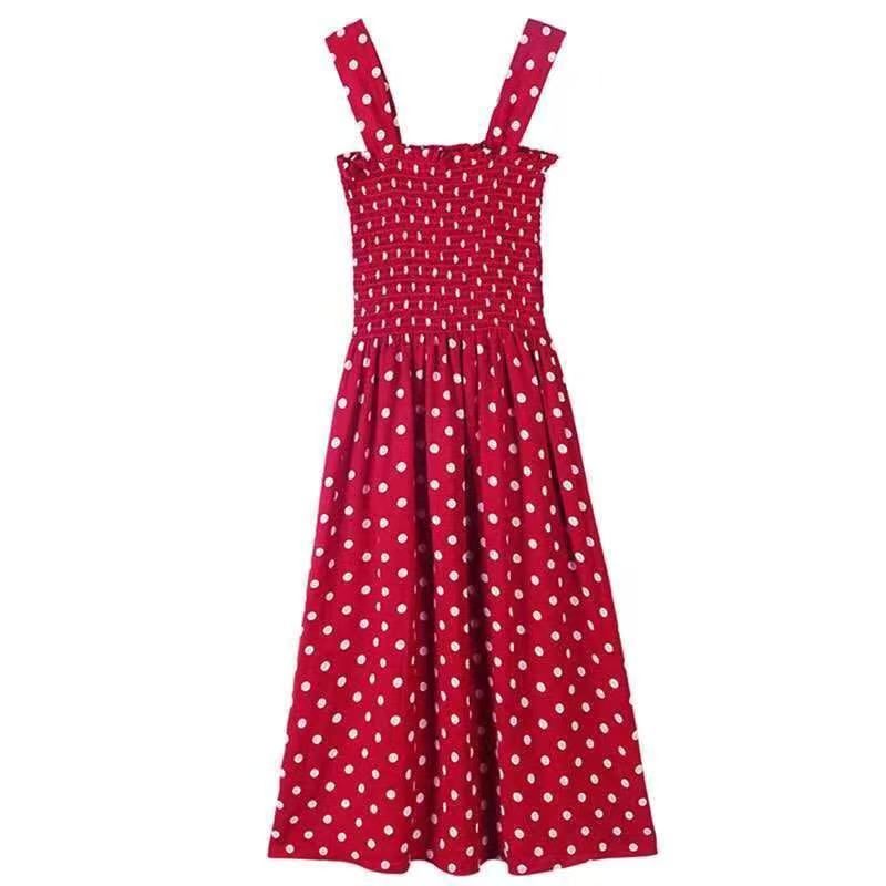 2025 French Chic Wide Strap Beach Dress Women's Summer Mid-Length Dress, French Indie Polka Dot Sundress