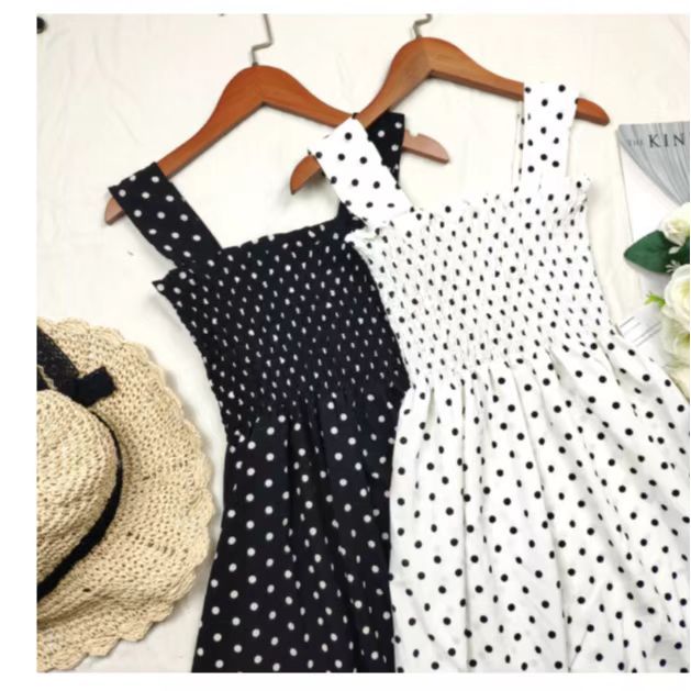 2025 French Chic Wide Strap Beach Dress Women's Summer Mid-Length Dress, French Indie Polka Dot Sundress