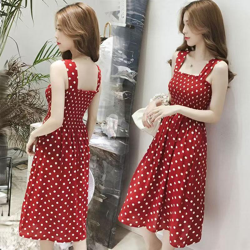 2025 French Chic Wide Strap Beach Dress Women's Summer Mid-Length Dress, French Indie Polka Dot Sundress