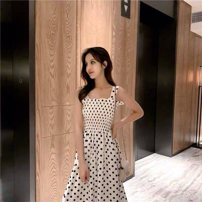2025 French Chic Wide Strap Beach Dress Women's Summer Mid-Length Dress, French Indie Polka Dot Sundress