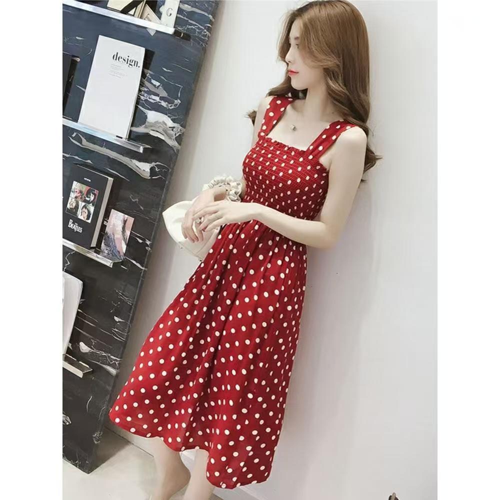 2025 French Chic Wide Strap Beach Dress Women's Summer Mid-Length Dress, French Indie Polka Dot Sundress