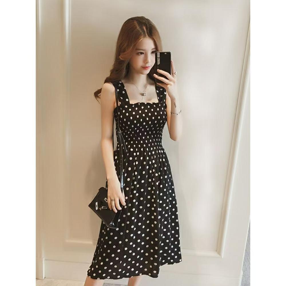 2025 French Chic Wide Strap Beach Dress Women's Summer Mid-Length Dress, French Indie Polka Dot Sundress