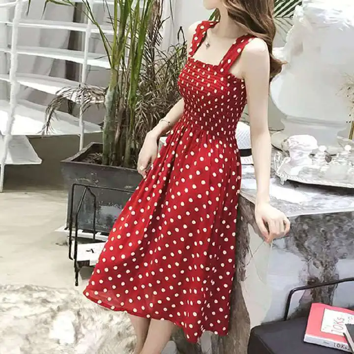 2025 French Chic Wide Strap Beach Dress Women's Summer Mid-Length Dress, French Indie Polka Dot Sundress
