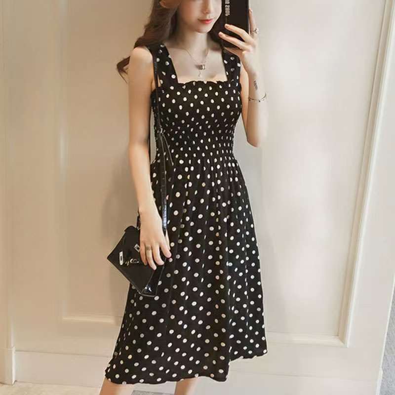 2025 French Chic Wide Strap Beach Dress Women's Summer Mid-Length Dress, French Indie Polka Dot Sundress