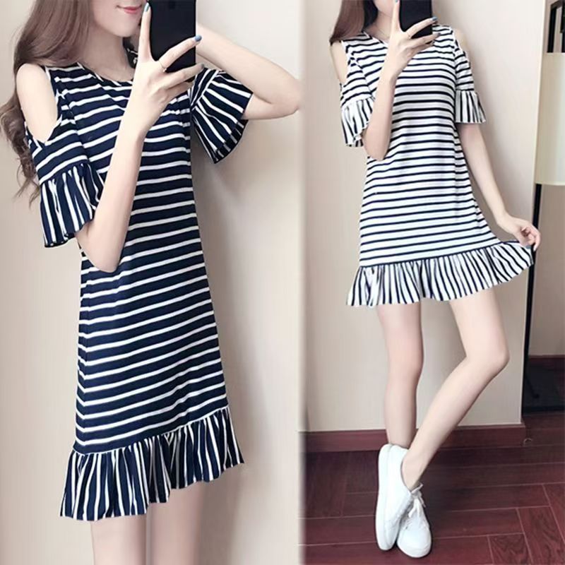 Women's New A-Line Short Sleeve T-Shirt Dress Midi Length Fish Tail Striped Ruffle Hem Summer Slimming Casual Dress
