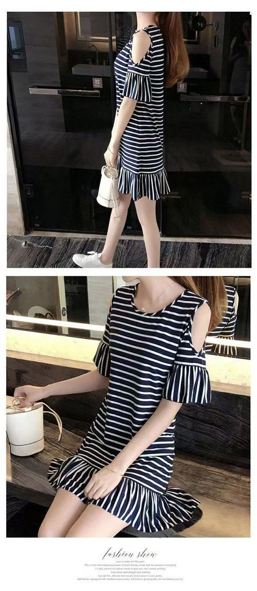 Women's New A-Line Short Sleeve T-Shirt Dress Midi Length Fish Tail Striped Ruffle Hem Summer Slimming Casual Dress