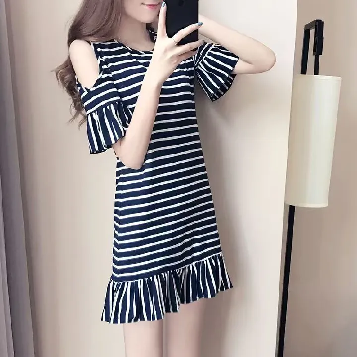 Women's New A-Line Short Sleeve T-Shirt Dress Midi Length Fish Tail Striped Ruffle Hem Summer Slimming Casual Dress