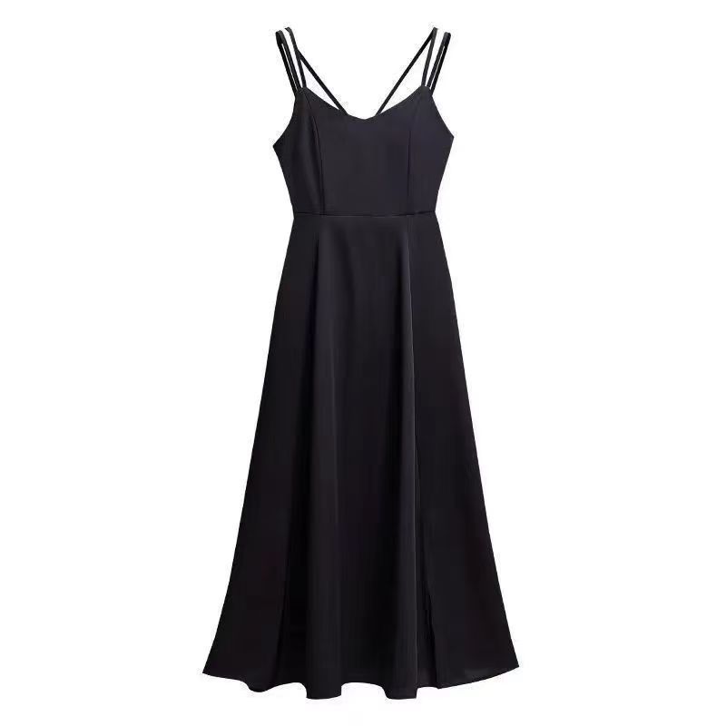 Black Sling Dress, Korean-style for Summer, French-style Mini Dress for Petite Ladies, High-end Design with Waist-cinching, Exuding Elegant and Slimming Charm.