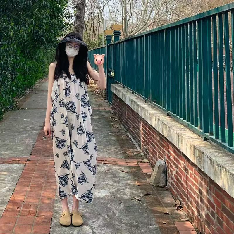 Summer New Arrivals: Chiffon Floral Sling Long Dress for Women, with Niche Design and Artistic Style, Sweet and Charming.