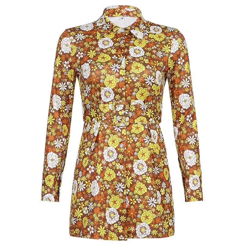 Women's Short-Sleeve Polo Neck Slim Fit A-Line Dress with Belt
