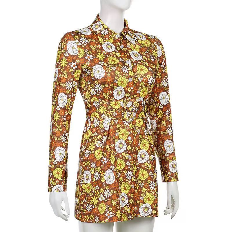 Women's Short-Sleeve Polo Neck Slim Fit A-Line Dress with Belt