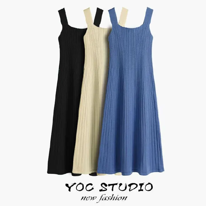 Women's New Knitted Sling Mid-Length Dress, Suitable for Spring and Autumn, Korean Style, Sexy and Slimming Camisole Dress for Bottoming.