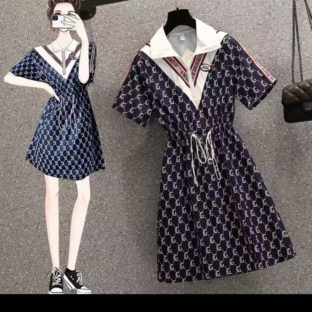 Summer 2025 New Print Loose Plus Size Dress, Fitted Waist, Slimming, Fashionable, Youthful, Short Sleeve V-neck Dressv