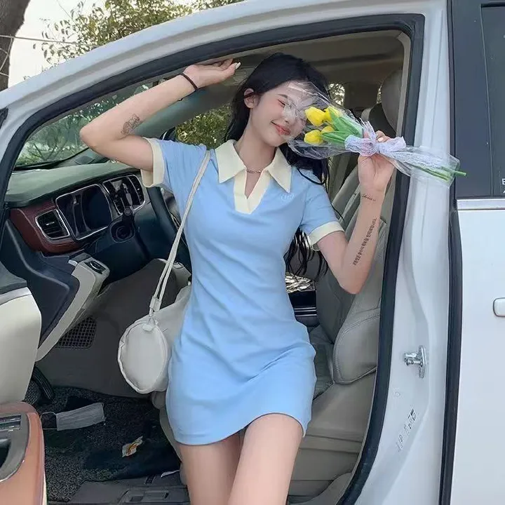 Korean Style Girl's Polo Dress with Turn-down Collar, Slimming, Fitted, Short Sleeve T-shirt Dress for Hot Girls