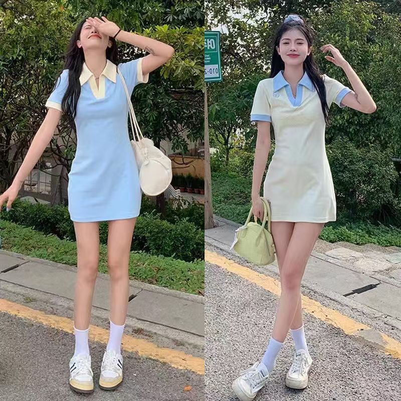 Korean Style Girl's Polo Dress with Turn-down Collar, Slimming, Fitted, Short Sleeve T-shirt Dress for Hot Girls