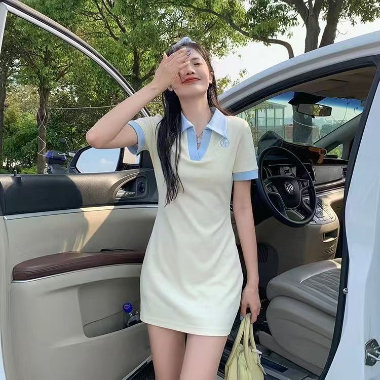 Korean Style Girl's Polo Dress with Turn-down Collar, Slimming, Fitted, Short Sleeve T-shirt Dress for Hot Girls
