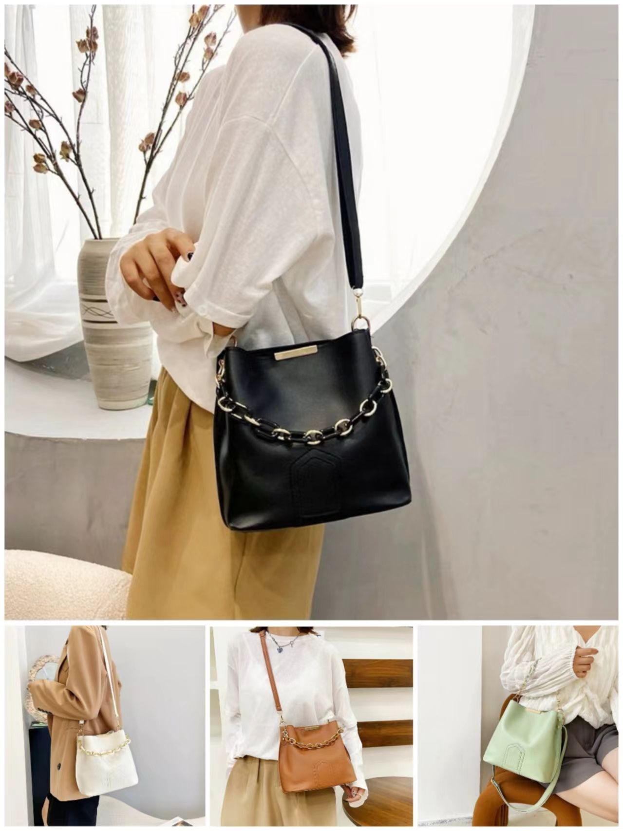 New Ladies Shoulder Bag Messenger Bag Fashion Chain Handbag Gift Bag for Girlfriend Handbag Chain Bucket Bag Simple Fashion Trend Candy Color Multipurpose Bag Large Capacity hangbag  bags