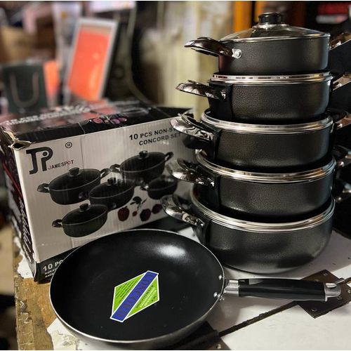 CLEARANCE OFFER Jamespot 10PCS Pot Aluminum Cookware Set Non-stick + 1PCS Fry Pan Black One Set