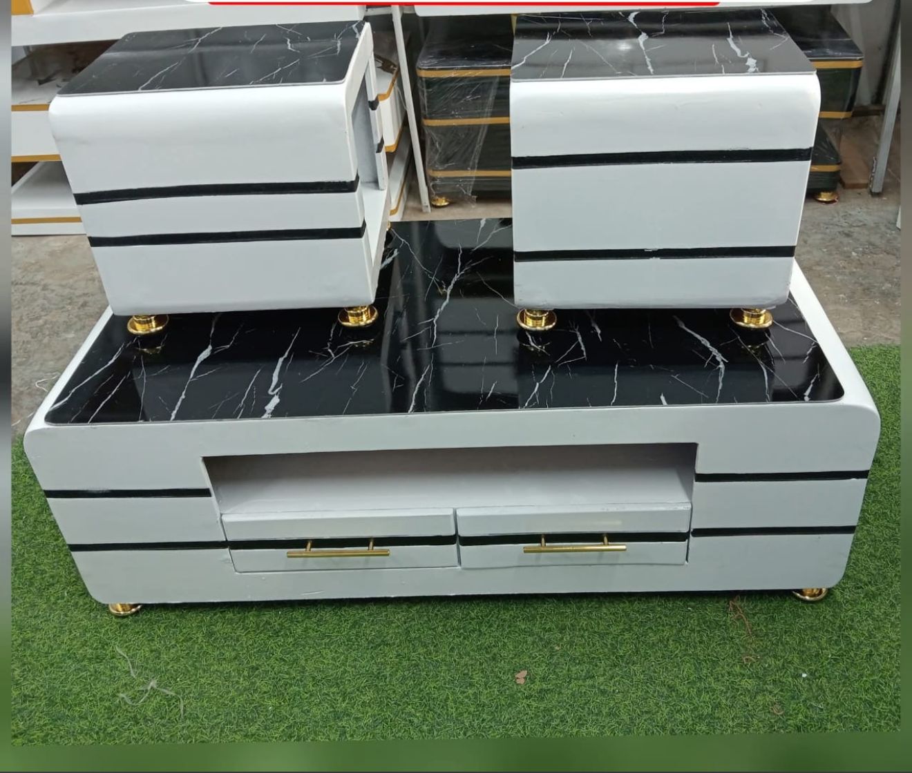 CLEARANCE OFFER Coffee Table Set featuring a Glass/Marble Top and 2 Matching Stools