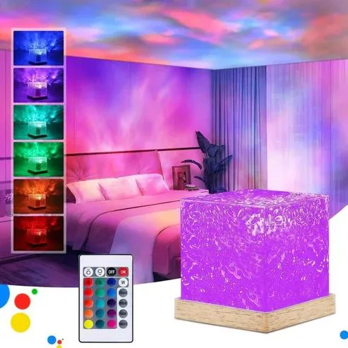 Dynamic Rotating Water Ripple Projector Night Light Water Ripple Cube Colorful Night Light Flame Crystal Lamp LED Table Lamp