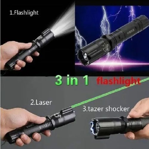 3 in 1 Torch 288 Type Self Defense Flashlight LED Electric Laser Pointer