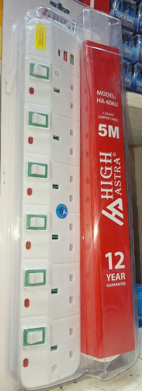 HIGH ASTRA Heavy Duty Extension Socket. 6 way board. 5M cable.2 usb.1-type C port