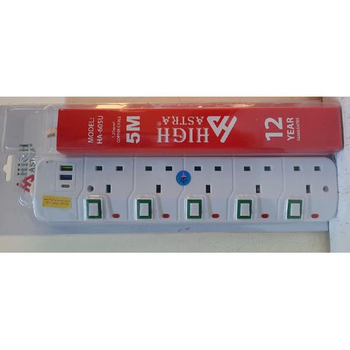 HIGH ASTRA Heavy Duty Extension Socket. 6 way board. 5M cable.2 usb.1-type C port