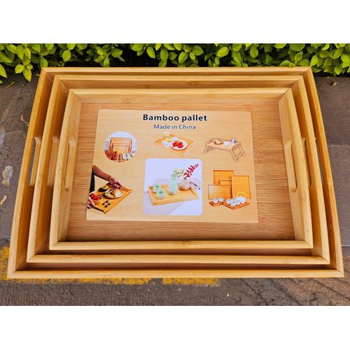 SERVING TRAY. Bamboo Heavy Duty 3 In 1 Serving Trays/ Wooden Serving Trays, Versatile Set, Long-Lasting Build, Space-Saving Storage, Sturdy Design with Handles