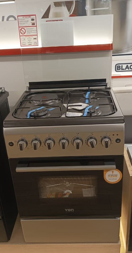 VON 58 X 58, 3 Jet Pool Gas Burners + 1 Rapid Hot Plate Free Standing Cooker & Electric Oven