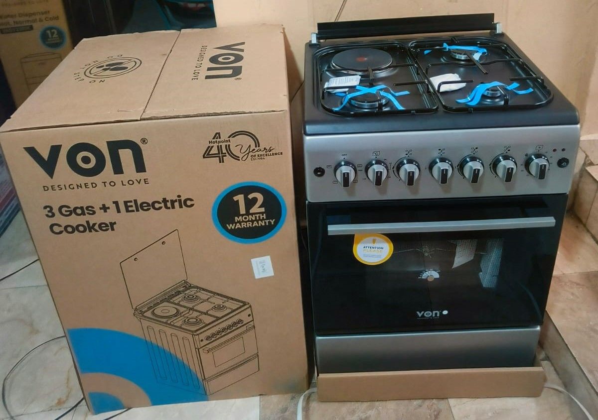 VON 58 X 58, 3 Jet Pool Gas Burners + 1 Rapid Hot Plate Free Standing Cooker & Electric Oven