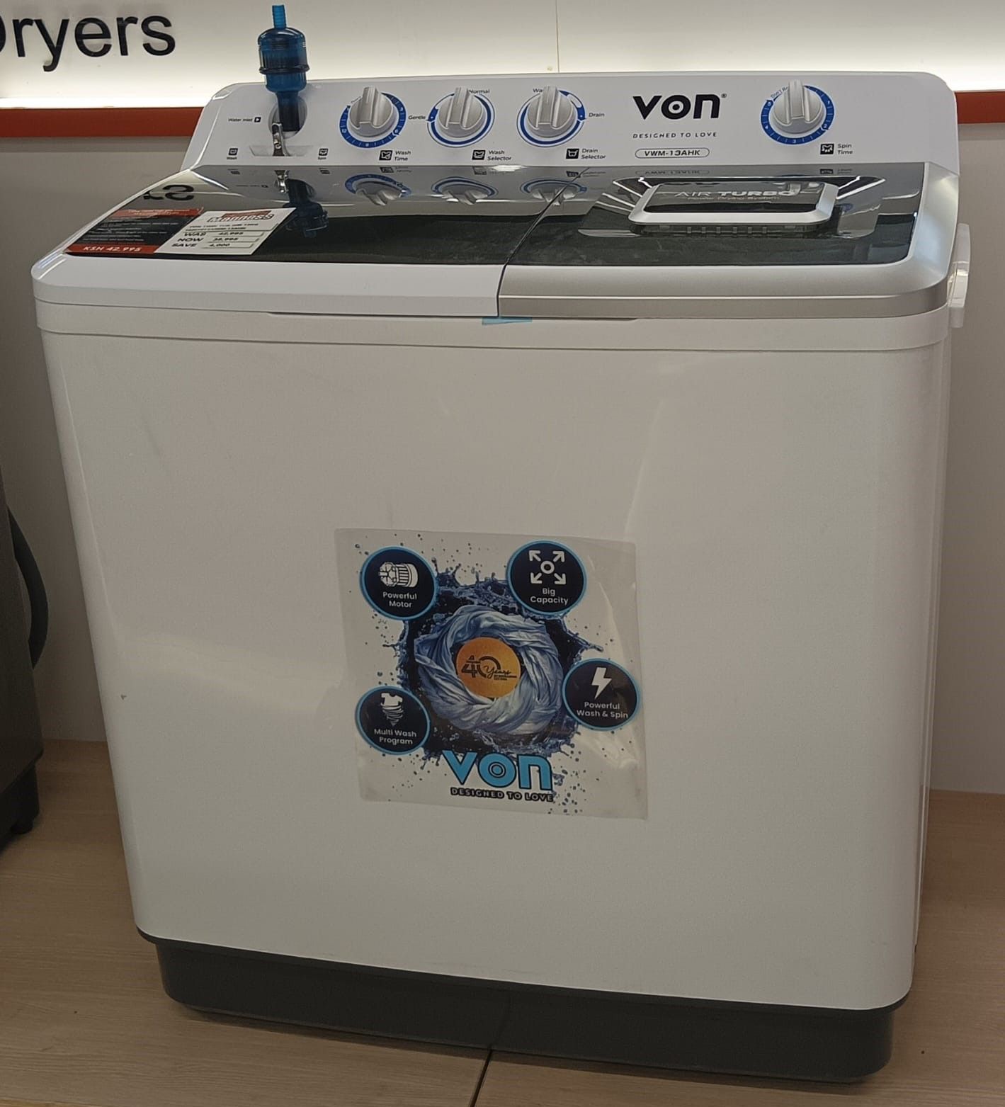 VON VWM-13AHK, Twin Tub Washing Machine - 13KG