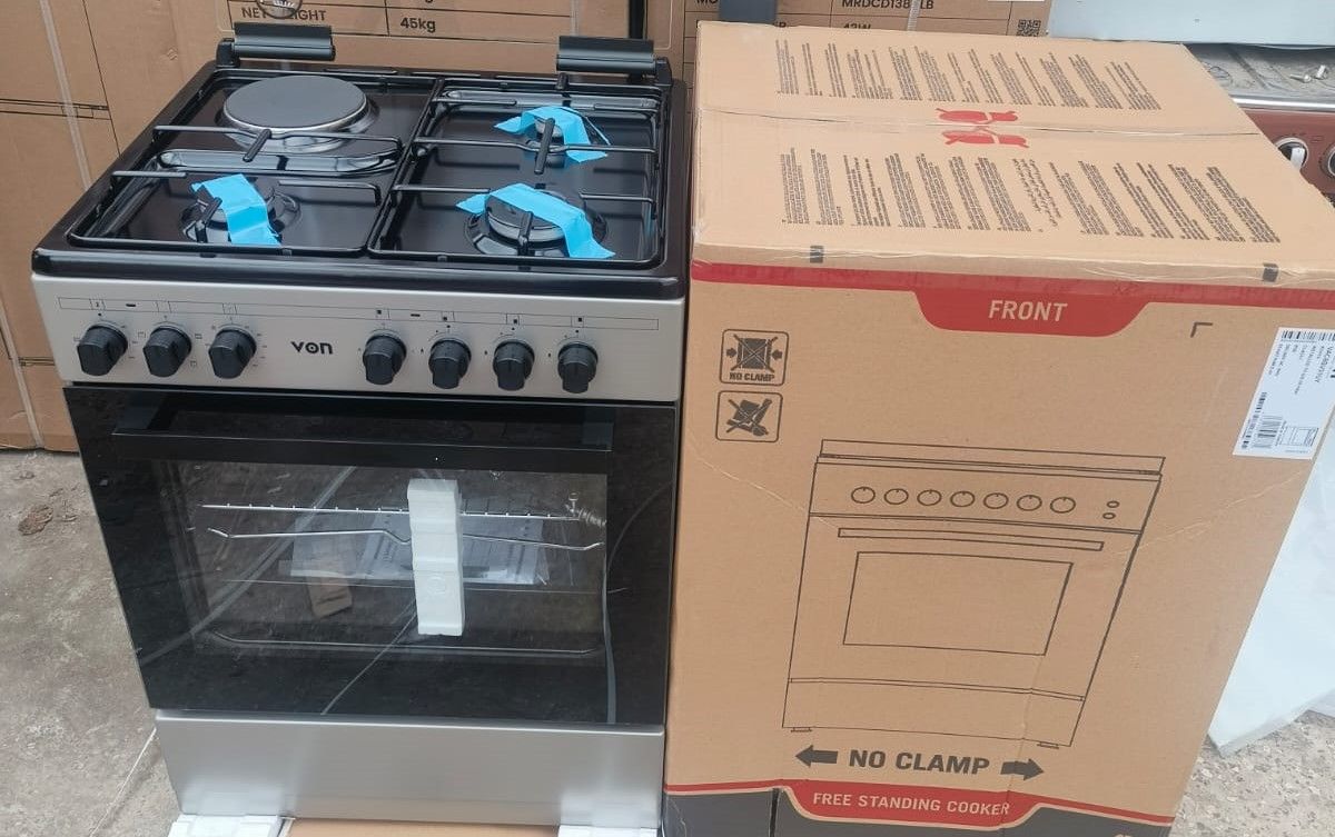 VON 60X55, 3 Gas Jet Burners + 1 Hot Plate Standing Cooker with Electric Oven