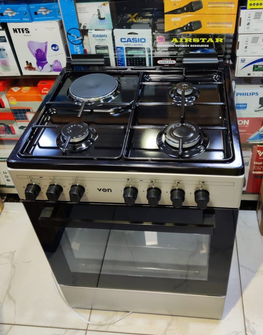 VON 60X55, 3 Gas Jet Burners + 1 Hot Plate Standing Cooker with Electric Oven
