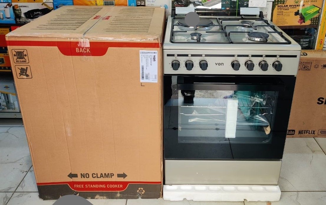 VON COOKER - 60x55, 3 Gas Jet Burners + 1 Hot Plate, Electric Oven & ROTISSERIE, Silver