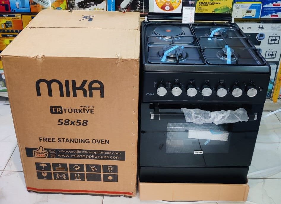 SUPA SALE!! MIKA MST58U31E3BLEM Cooker - 58*58, 3 Gas Jet Burners + 1 Hot Plate, Electric Oven, Black