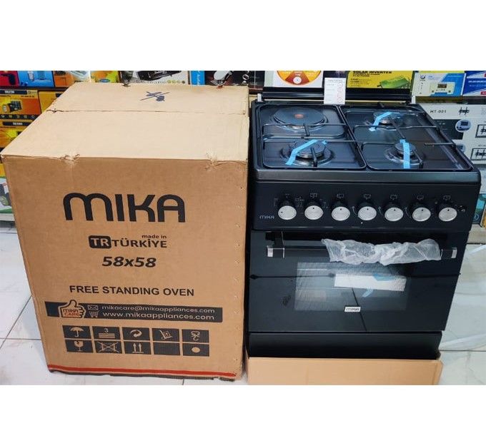 SUPA SALE!! MIKA MST58U31E3BLEM Cooker - 58*58, 3 Gas Jet Burners + 1 Hot Plate, Electric Oven, Black