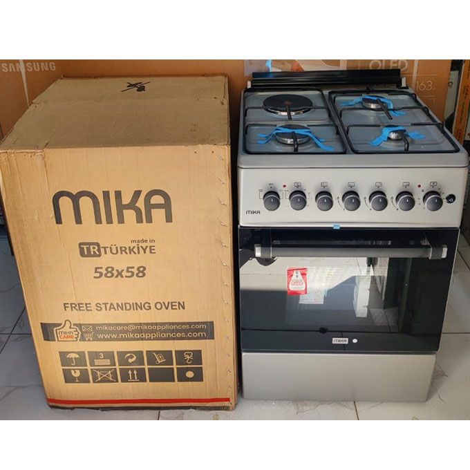 MIKA Standing Cooker - 58cm x 58cm, 3 Gas Jet Burners + 1 Hot Plate, Electric Oven, Silver
