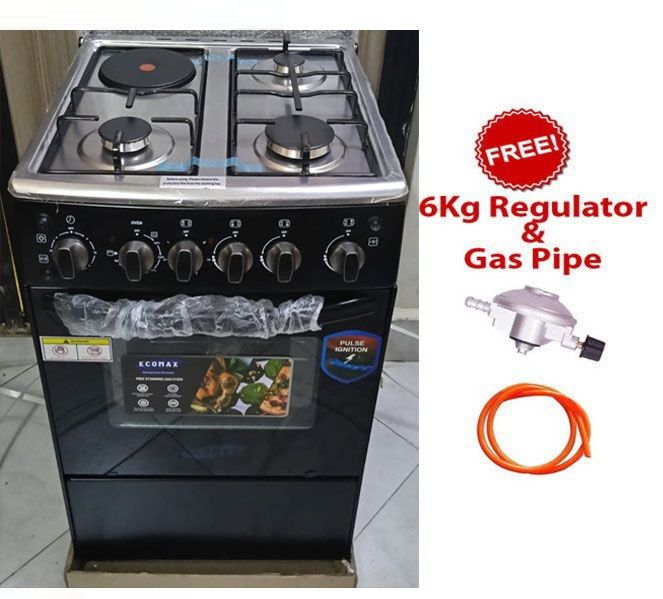 ECOMAX 50cm x 55cm, 3 Gas + 1 RAPID Hot Plate, Electric Oven & Rotisserie Free Standing Cooker